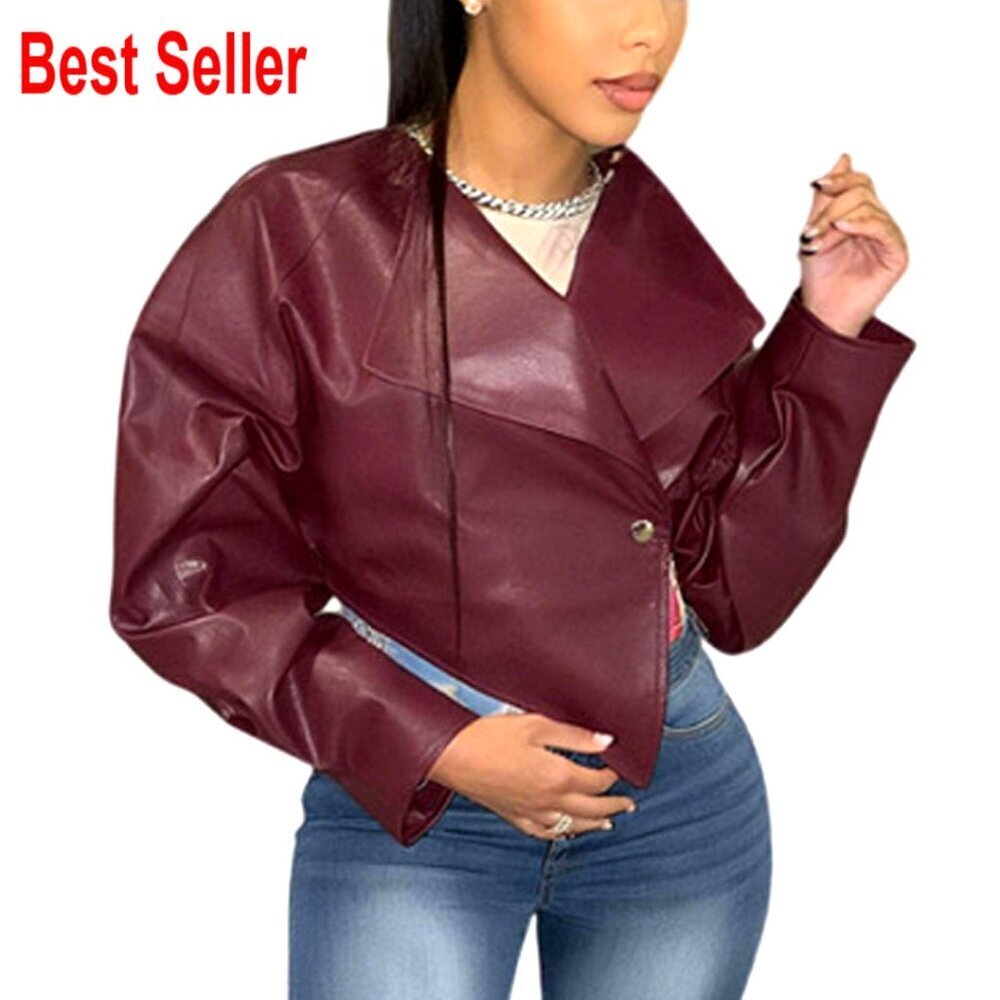 PU Leather Cropped Moto Jacket with Irregular Hem Lapel Long Sleeve